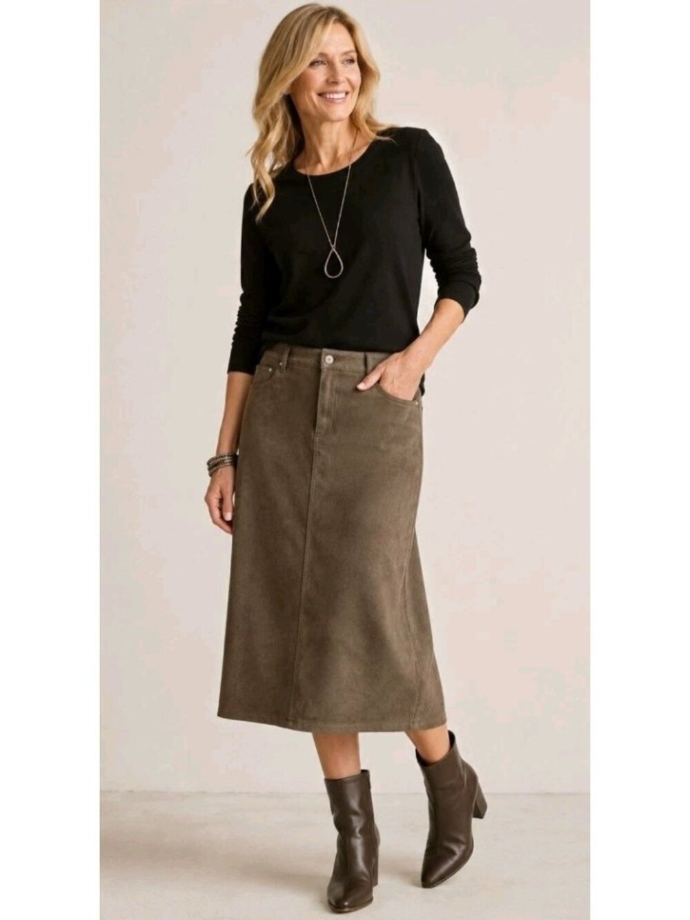 J Jill Brushed Velour Midi Skirt Soft Stretch Pockets Size L Olive Brown